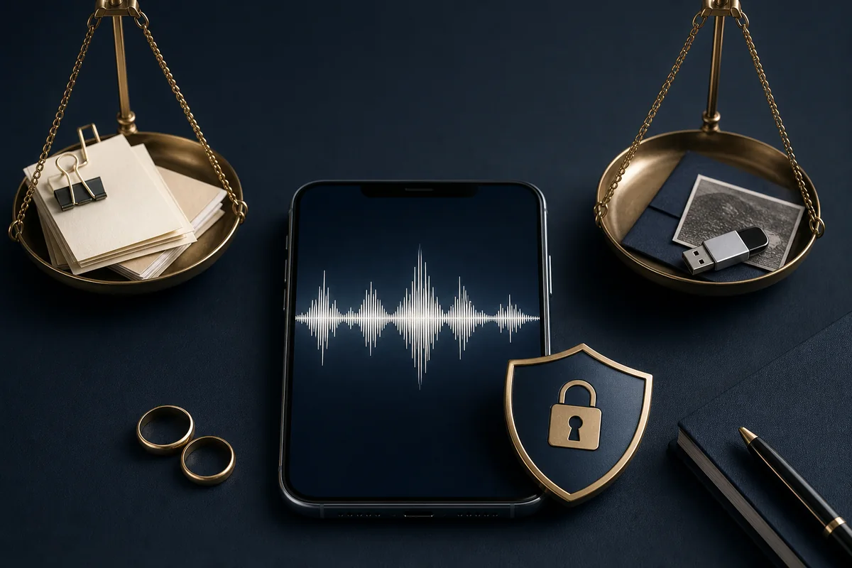 Boşanma davasında ses kaydı delili ve özel hayatın gizliliğini temsil eden telefon, ses dalgası ve güvenlik simgesi